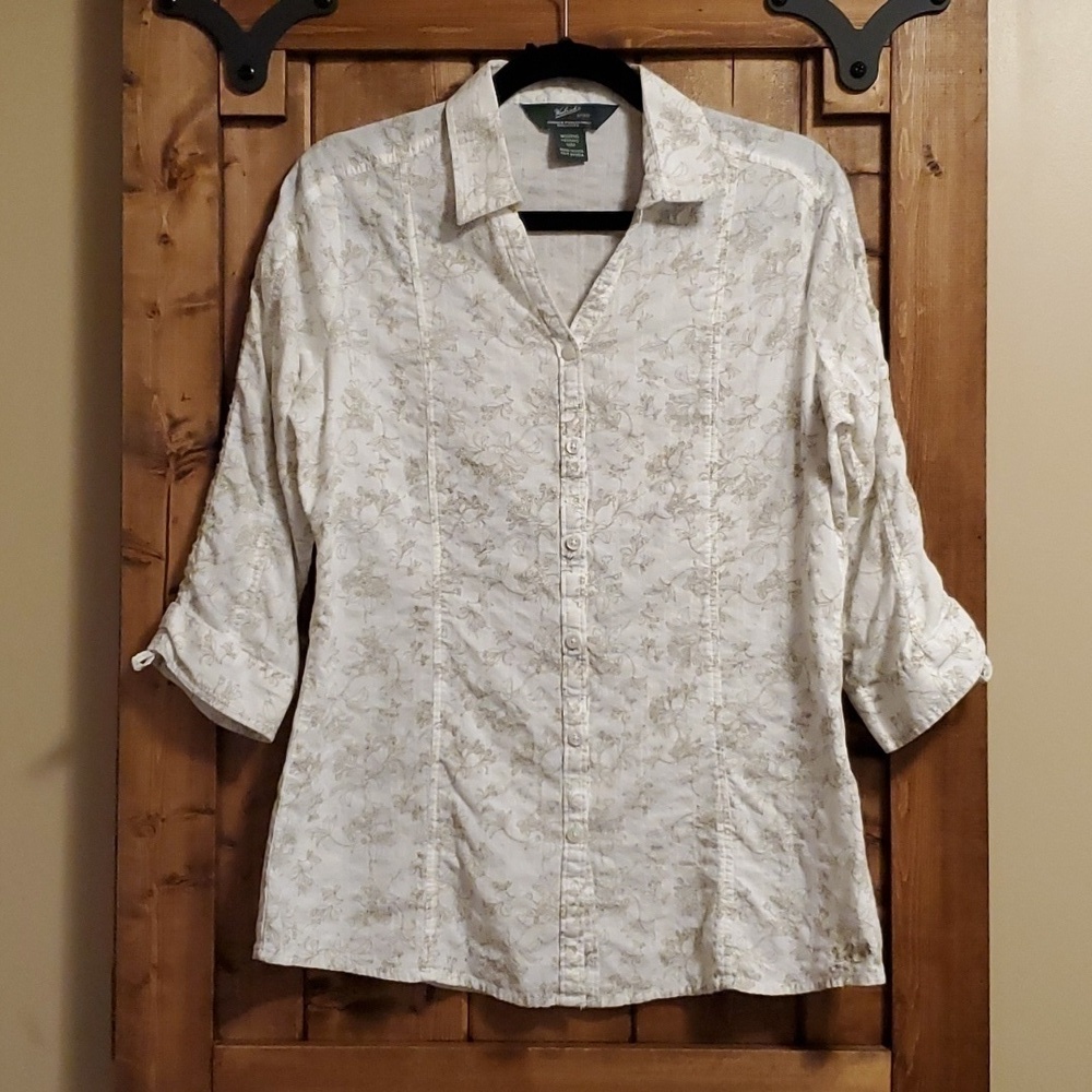 Woolrich Cotton White Tan Floral Print Shirred 3/4 Sleeve Blouse Size Med